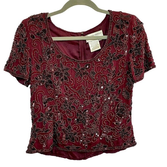Adrianna Papell Vintage Silk Beaded Top Burgundy Red Petite 10 Short Sleeve Luxe - Picture 2 of 15